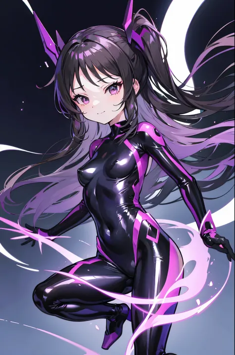 Carefully draw the face　High-quality faces in anime style　super shiny skin　Obscene lines　black and purple full body suit　succubus　lure　smile　back view