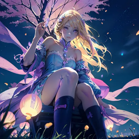 Light blonde anime girl，light blue purple eyes，Wearing a pink off-shoulder dress with puffy sleeves and knee-high white boots，Sitting in the woods，Next to orange mushrooms，surrounded by fireflies，Sitting under the stars  