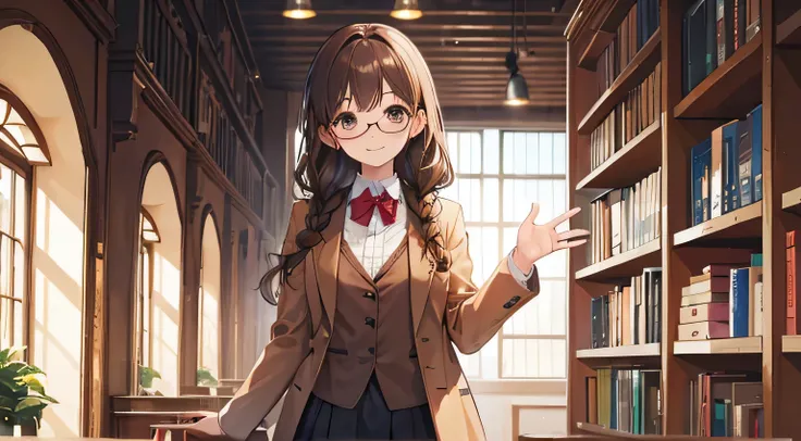 Literary girl、Glasses、brown blazer、Braid、library、smile、brown hair、long skirt、kind girl、clear、wave hands、bust shot