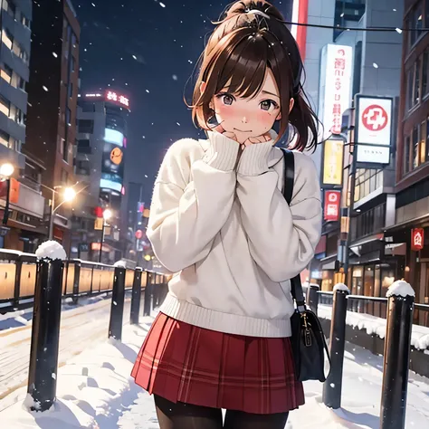 ((snowy night)) 、intersection、city、in the city、Skyscraper,18-year-old、female university student、,Are crying、White Jumper、red checked miniskirt、((black pantyhose)) 、white muffler、Brown snow boots((one person)), (princess cut), bob cut、(medium hair)、(ponytai...