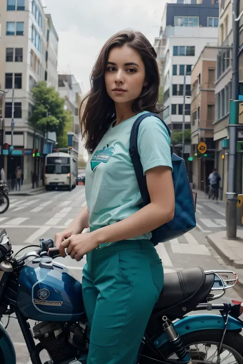 a girl in blue and green pants and shirt in a motor bike with name " Blue Dart " logo in a city background with  large courier bag the logo " Blue Dart " written in the shirt in 1:1 scale