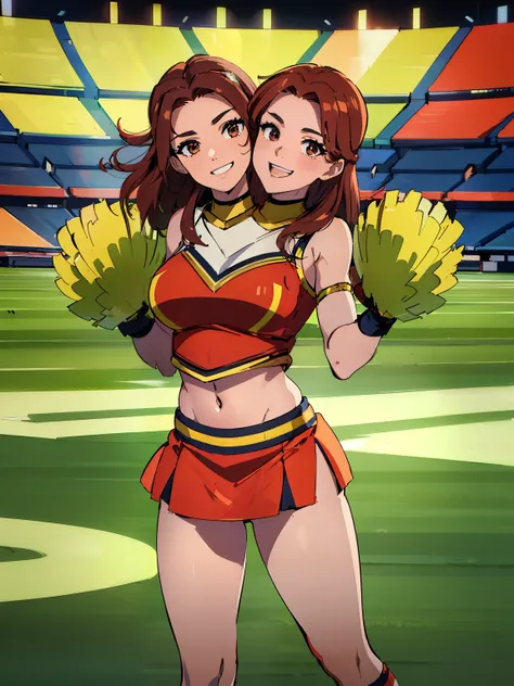 best quality, (masterpiece),(ultra-detailed), (high quality), (high resolution), ((2heads:1.5)), best quality:1.5, highres, UHD, 4K), smiling, highres, masterpiece, 4k, (brown hair), red hair, ((football cheerleader)), ((Super Bowl)), (football stadium), (...