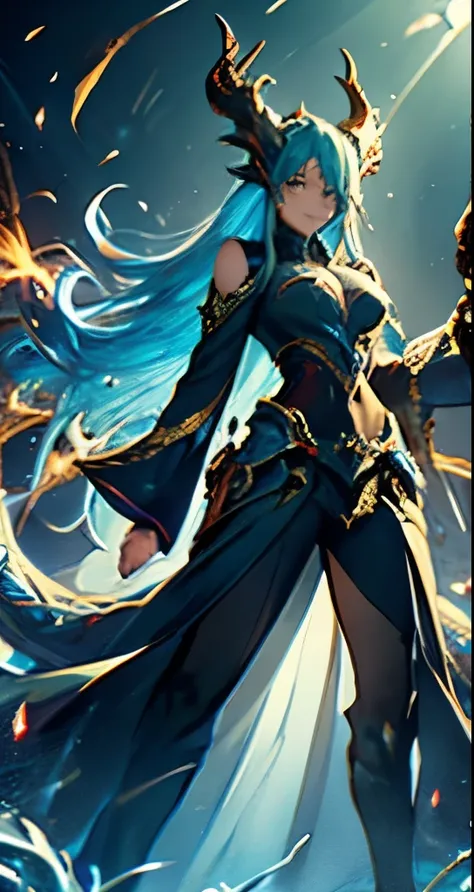 masterpiece,highly detailed,best quaility,illustration,woman,mature,33 years old,solo,double dark golden dragon horns,bishoujo,detailed lightcyan hair,detailed dark  golden eyes,points of light,scattered lightcyan fire,coiled dragon,full body,floating hair...