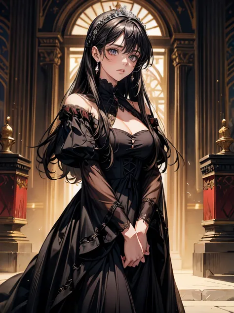 {background：Solid white},{Serious expression}，Solo，female，1girl，{red eyes},｛Wearing black evening dress｝，Mature，Royal sister，sexy，European aristocracy，Beautiful，long black hair，European people，Ruby earrings