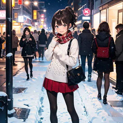 1girl, ((girl)) 、1 person、 ((snowy night)) 、intersection、city、in the city、Skyscraper,18-year-old、university student, (Are crying)、White Jumper、(Red checked pleated skirt)、((black pantyhose:1.5)) 、white muffler、Brown snow boots, (princess cut), bob cut、(med...