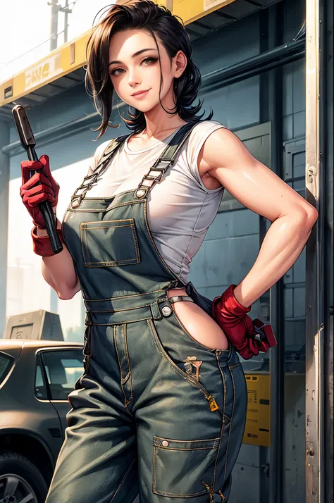 Female mechanic at work, grimy overalls, greasy, holding a wrench, bent over, open overalls, curvy, cute smile, masterpiece, vivid, photorealistic, bare skin