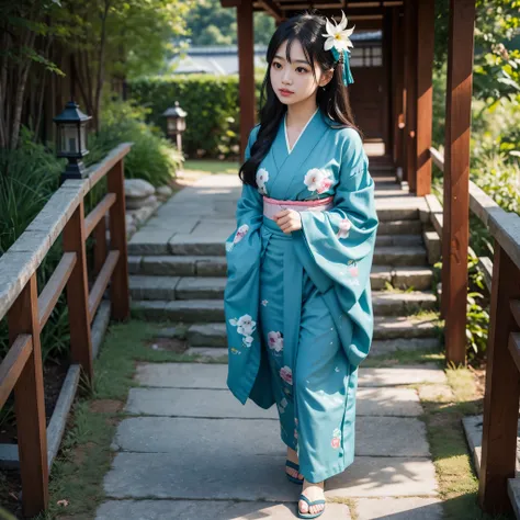 1girl, solo, from above, (white lily flowers), aesthetic, intricate, best quality, detailed background, Sayaka Miki, ((girl wearing a patterned teal kimono:1.2)), (walking in zen garden),  casual pose, detailed textures, posing, floral print, hair flower, ...