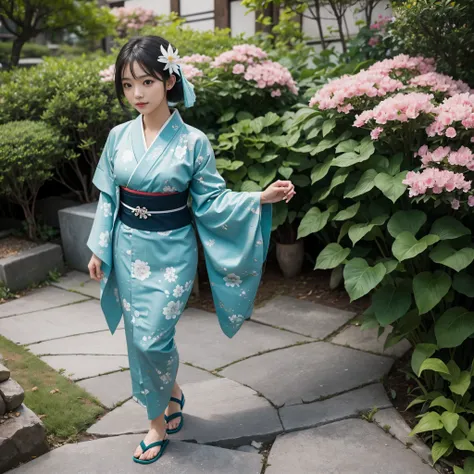 1girl, solo, from above, (white lily flowers), aesthetic, intricate, best quality, detailed background, Sayaka Miki, ((girl wearing a patterned teal kimono:1.2)), (walking in zen garden),  casual pose, detailed textures, posing, floral print, hair flower, ...