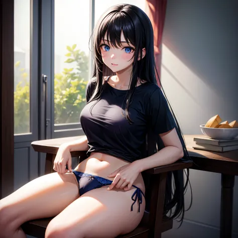 highest quality、1 female、inside the room、Chair、black hair、straight hair、long hair、blue eyes、dark room、white t-shirt、transparent nipples、light blue panties、Twine bread、E cup、Navel exposure