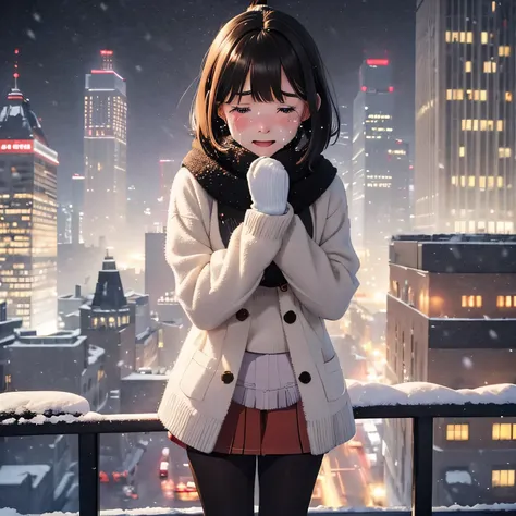 1girl, ((girl)) 、1 person、 ((snowy night)) 、intersection、city、in the city、Skyscraper,18-year-old、university student, (Are crying:1.5) 、white knit coat、(Red checked pleated skirt)、((black pantyhose:1.5)) 、white muffler、Brown snow boots, (princess cut), bob ...