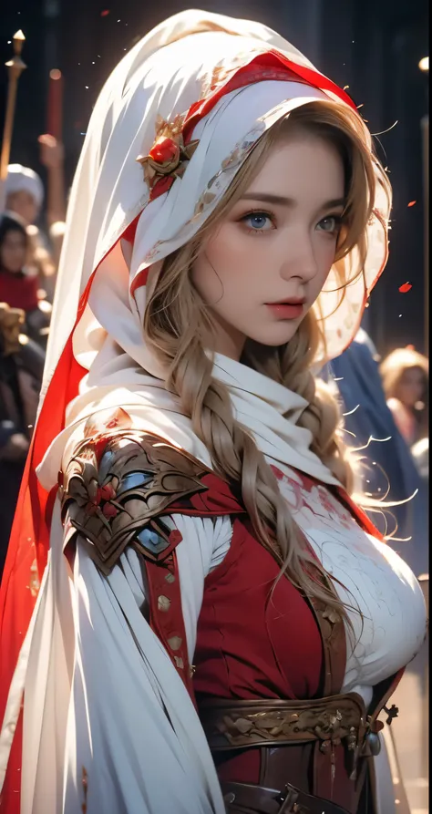 wearing a hijab , around 17 years old, (red hijab), tmasterpiece，Best quality at best，A high resolution，8K，((Portrait))，(upper body)，Original photo，real photograph，digital photography，(Female princess in the medieval fantasy style)，(Medieval princess in fa...