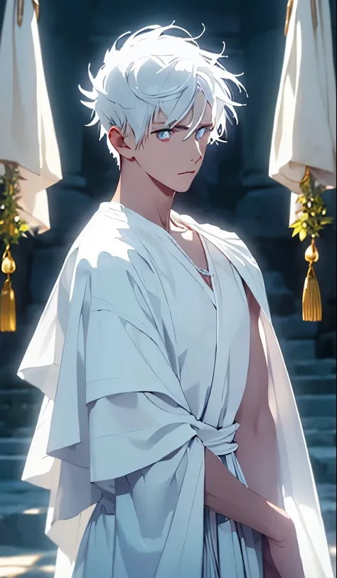 young male, white ancient greek mythology clothes, There are bells hanging from the clothes, Surrounded by a divine light, white hair, asymmetrical hair, bangs, hair over shoulder, widows peak, glowing eyes, yellow eyes