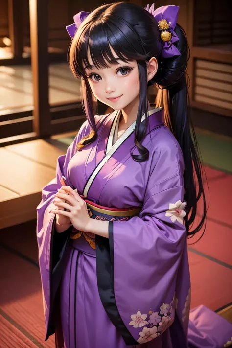 cute girl　very long neck　smile　Purple kimono　Kotatsu