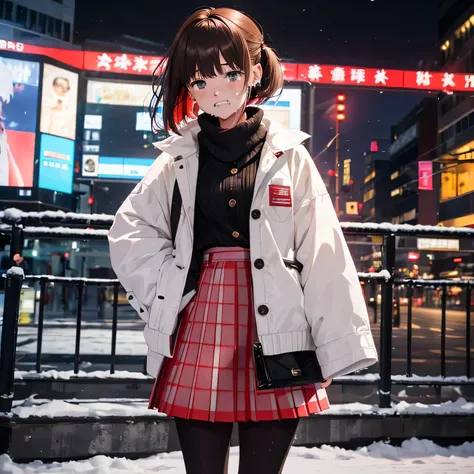 1girl, ((girl)) 、1 person、small face、 ((snowy night)) 、intersection、c thaty、in the c thaty、Skyscraper,18-year-old、university student, (cry:1.5) 、white coat、((Red checked pleated skirt:1.5)) 、((black pantyhose:1.5)) 、 white muffler、Brown snow boots, (prince...