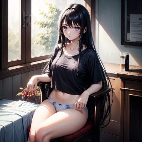 highest quality、1 female、inside the room、Chair、black hair、straight hair、long hair、blue eyes、dark room、white t-shirt、transparent nipples、light blue panties、Twine bread、E cup、Navel exposure