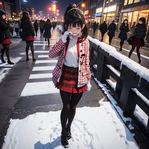 1girl, ((girl)) 、1 person、small face、 ((snowy night)) 、intersection、in the city、Skyscraper,18-year-old、university student, (cry:1.5) 、white coat、((Red checked pleated skirt:1.5)) 、((black pantyhose:1.5)) 、 white muffler、Brown snow boots, (princess cut), (b...