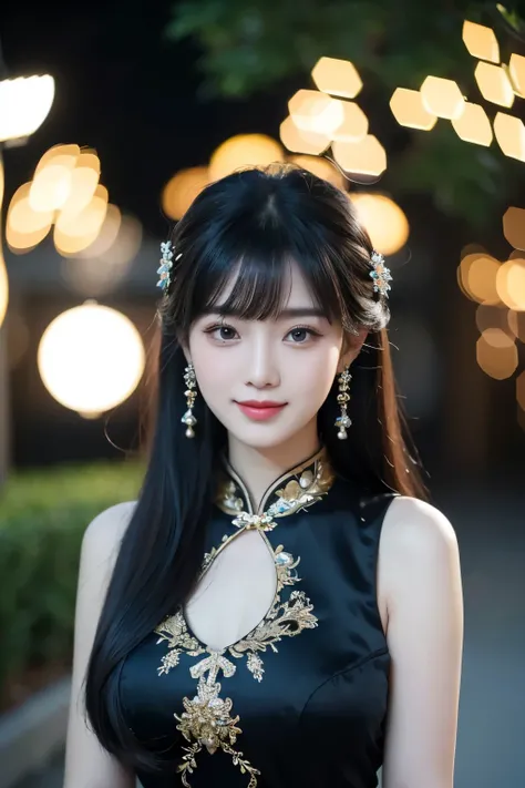 beautiful potrait of asian tall adult woman wear fashionable black chinese dress with tradtional princess chinese hairstyle with bangs, standing, smiling, outdoor, bokeh (adult beauty, stunning, perfect anatomy, beautiful anatomy, beautiful girl, pretty gi...