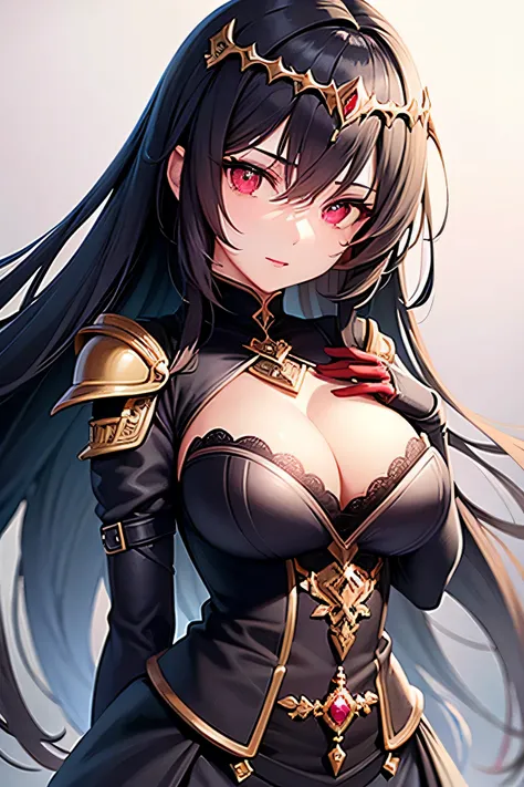 Beauty, armor, cleavage, black hair, Ultra Detailed Face, Detailed Eyes, Double Eyelids,(masterpiece:1.2, best quality), (exquisite eyes: 1.2), ((1girl)), ((solo)), (red eyes:1.4), (exquisite eyes and exquisite face:1.3), ( beautiful and clear background: ...