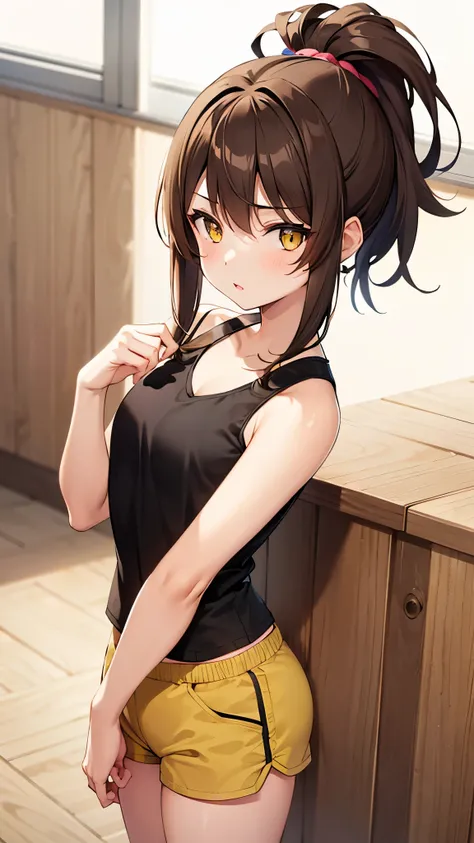 Girl, ponytail hair, brown hair, yellow sapphire eyes, cute girl, hot girl, tank top, hotpants