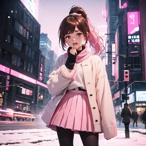 1girl, ((girl)) 、1 person、small face、 ((snowy night)) 、in the city、Skyscraper,18-year-old、university student, (cry:1.5) 、White R long coat、((pink pleated skirt:1.5)) 、((black pantyhose:1.5)) 、 white muffler、Brown snow boots, (princess cut), (bob cut)、(medi...