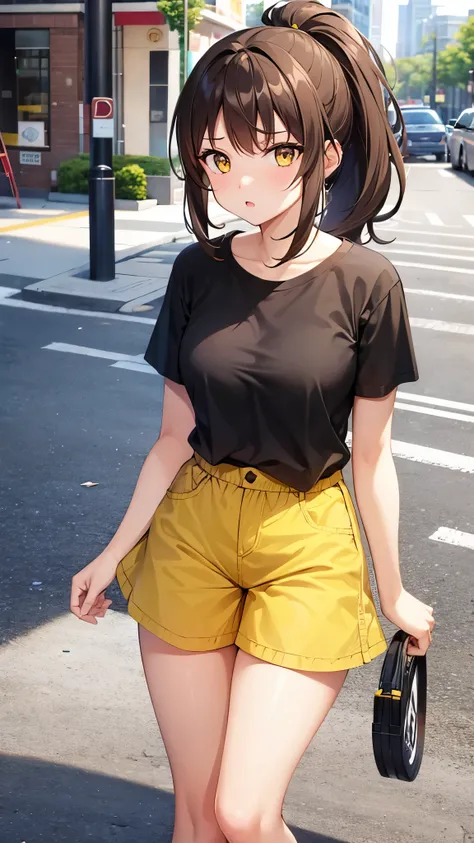 Girl, ponytail hair, brown hair, yellow sapphire eyes, cute girl, hot girl, t-shirt, hotpants, sneakers, city 