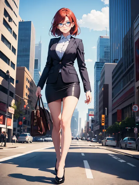 1girl, medium breasts, bare legs, shoes, shoes, city backdrop, solo, single, standing, full body shot, cowboy shot, beautiful detailed eyes, blue eyes, mature lady, glasses, office lady, blue suit, blue pencil skirt, miniskirt, red hair, medium hair