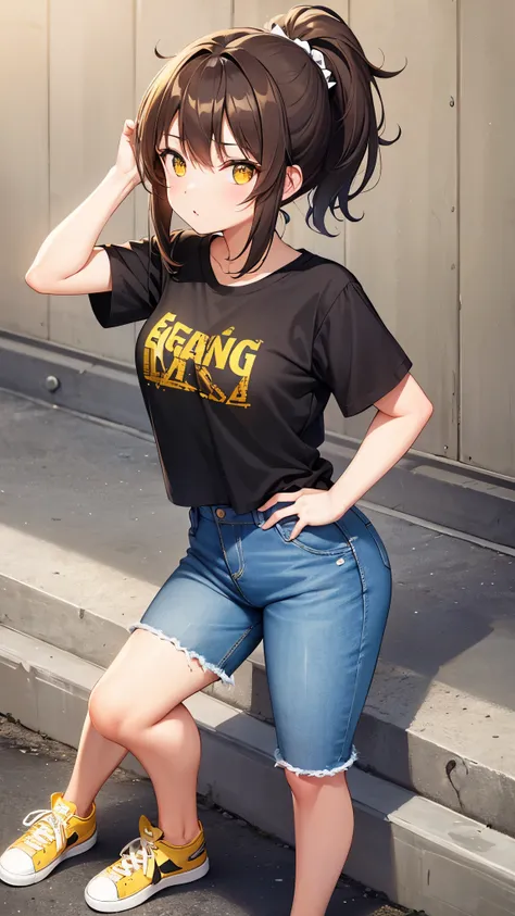 Girl, ponytail hair, brown hair, yellow sapphire eyes, cute girl, hot girl, t-shirt, short jeans denim, sneakers 