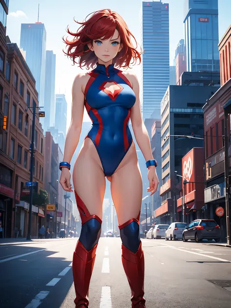 1girl, medium breasts, leotard, red leotard with blue accents, bare legs, boots, matching boots, bracelets, city backdrop, solo, single, standing, full body shot, cowboy shot, beautiful detailed eyes, blue eyes, mature lady, red hair, medium hair, superher...