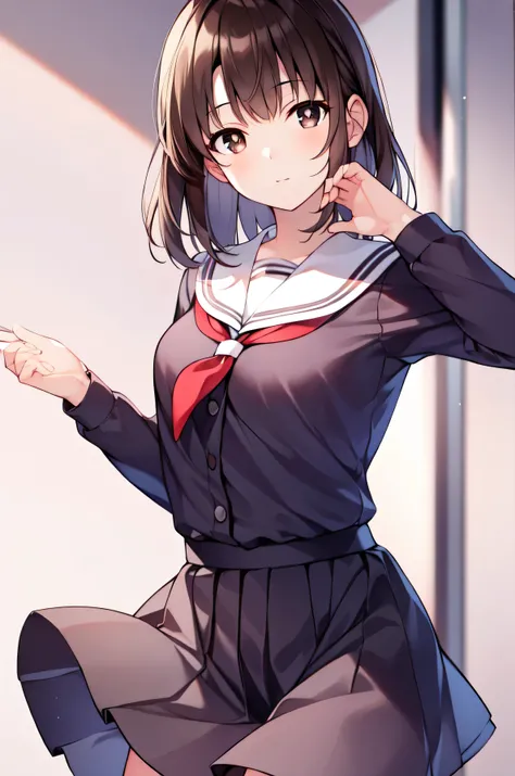 Kato Plum Group, benefit, brown hair, short hair, (brown eyes:1.7), (small breasts:1.2),
rest miniskirt, uniform, skirt, Sailor suit, Serford,
rest looking at viewer,
rest indoors, classroom,
rest (masterpiece:1.2), best quality, high resolution, unified 8...