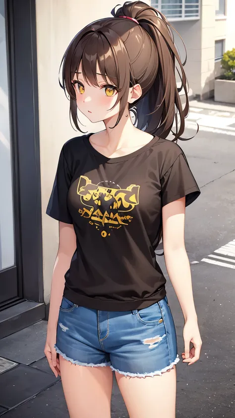 Girl, ponytail hair, brown hair, yellow sapphire eyes, cute girl, hot girl, t-shirt, short jeans denim, sneakers 