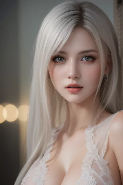 1 girl, (highest quality:1.4), (super detailed), (detailed light), (Highly detailed beautiful face), wonderful face and eyes, gray hair, Beautiful sheer lace details, beautiful breasts, nipple, Highly detailed CG integrated 8k wallpaper, High resolution ra...