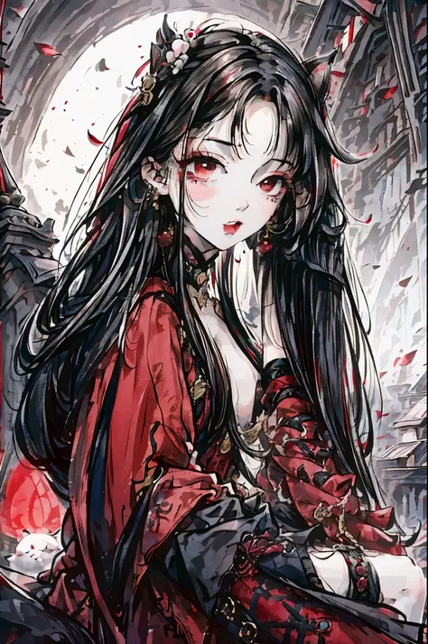 a sexy lolita vampire girl in black and red lace, Long seductive white hair with an open mouth bearing her long fangs with a backdrop of a gothic cathedral in front of a blood red moon