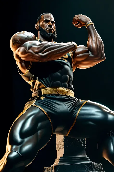 A giant statue of Lebron James, meticulously crafted in steel with a high-gloss finish, showcases the basketball legend in a powerful pose, flexing his enormous, bulging biceps. The intricate details of his muscles are accentuated by the tight leather jack...