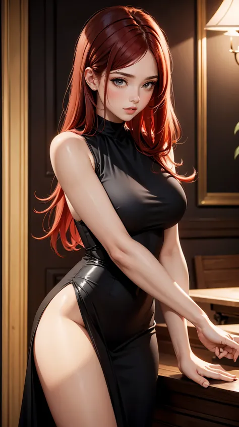 1woman, parted lips, black dress, red hair, sleeveless, large breasts