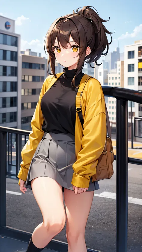 Girl, ponytail hair, brown hair, yellow sapphire eyes, cute girl, hot girl, grey sweater, black mini skirt, sneakers, city