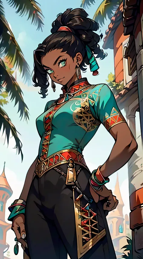 (((turquoise_eyes:1.3))),masterpiece, high res, detailed face, detailed eyes, anime screencap, 1 girl, solo, slender, (((long black tighs))), top tree, top of a branch, lookout, seem from below, standing dark skin. dreadlocks, ponytail, green eyes, green t...