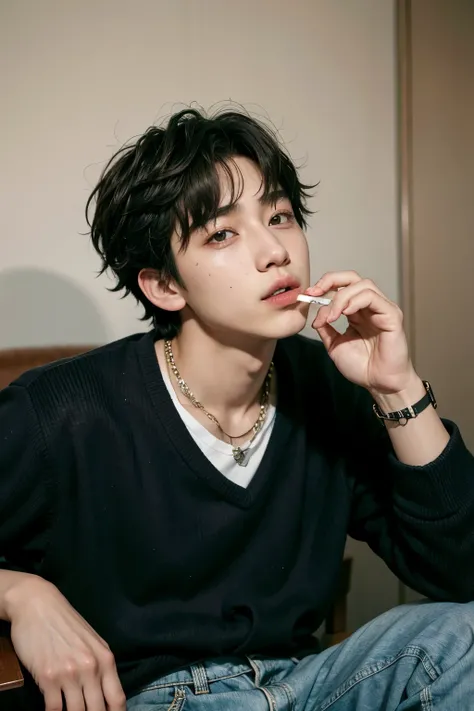 Hombre con un cigarrillo en la boca sentado en una silla., kim doyoung, Jinyoung Shin, yanjun chengt, TaeJune Kim, jungkook, hyung tae, hong junio hyung, cai xukun, hombre surcoreano, headshot foto de perfilture, imagen de perfil, cara delgada, jeon jungko...