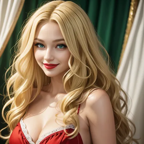 Caucasian woman, (blonde hair), wavy hair, long hair, outlined green eyes, red lipstick, smile. 