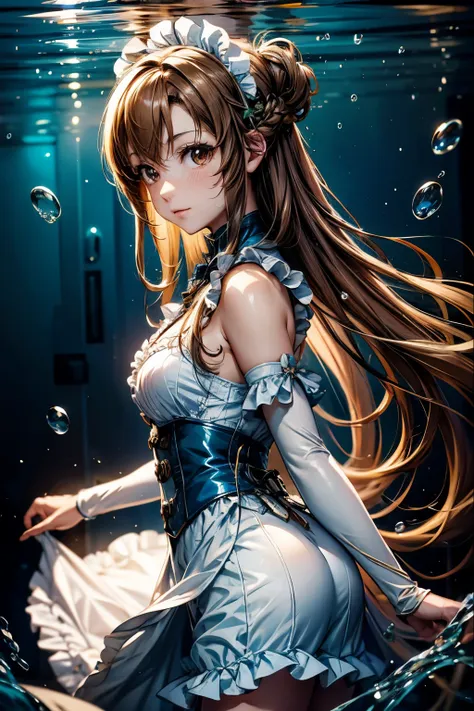 anime girl with brown hair and brown eyes on underwater background, whole、laughter、underwater hair physics,air bubbles,light com...