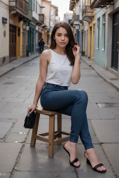 ((Mejor calidad)), ((obra maestra)), (detallado), cara perfecta,  cuerpo definido, cuerpo perfecto realista, vestida con jeans rasgados y top negro, urbanos,  sitting in a wooden chair, behind a street in Cusco, wearing smart pants and no shoes