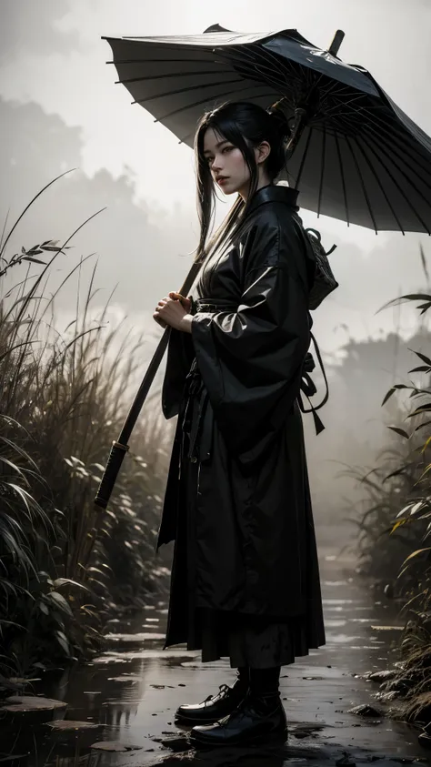 black and white Samurai girl holding a big umbrella,smoking a cigarrete with a bunch of black shadows behinds him,long hair,fog,wind,night,highnoon,bamboo,grass on the ground,mud on the ground,film grain,black and white,traditional japanese art,oriental,ci...