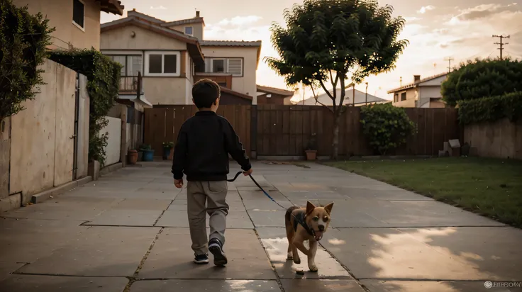 Little boy walking his dog ( perro de espaldas, fotorrealista, en casa, feliz, professional lighting. fotografo profesional, con camara nikon, 35 mm).