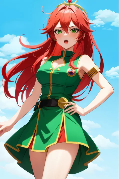 Anime girl with red hair wearing a green and white uniform, lady palutena, Boromir of 80 yearss anime world, Gainax anime style, Makoto, Inspired by Leiko Ikemura, kakyoin, shinkai Makoto, Inspired by Rei Kamoi, with shoulder pads, rogue anime girl, fubuki