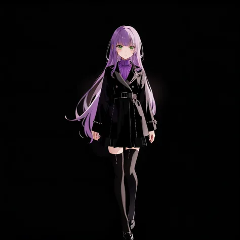 /imagine prompt: color photo of a young woman with long light purple hair, light green eyes, around 20 years old. She is wearing a black coat, a black skirt, black gloves, black knee-high stockings, and deep red Mary Jane shoes. The photo has an anime-insp...