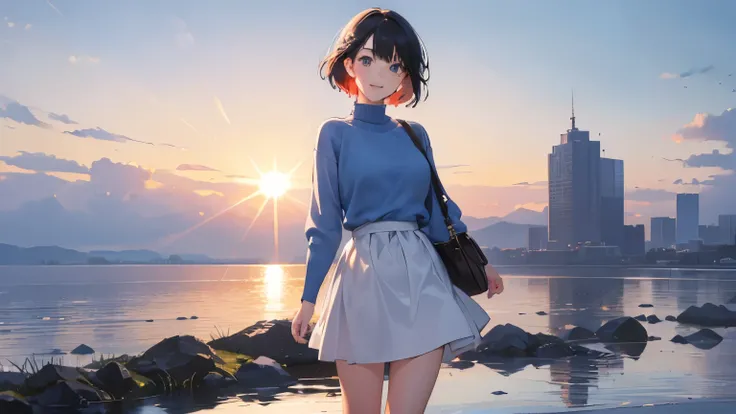 ((masterpiece)),(((bestquality))),((ultra-detailed)) realisticlying, 1 girl, Beautiful, short hair, standing, full body, wearing a blue sweater, Beautiful sunrice, solo,  The sky turns red at morning, Face smile, looking to viewer, white rose, outdoor.