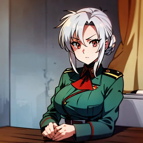 27-year-old beautiful woman Soviet officer with silver half updo messy hair and red eyes.tsurime,big breasts,a steady person anime style,1940s