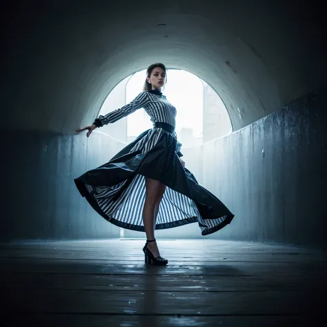 Photo. Girl floating on thin air 3 meters above the ground on thin air in a liminal colored striped space. by Cristobal Balenciaga. Mysterious. Realistic medium long shot photography. Complex composition. Dynamic poses.