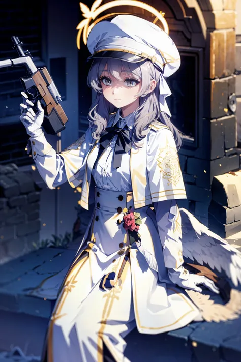 white hat、white clothes、large wings、halo、{{white hair、yellow eyes}}、gun、capitol