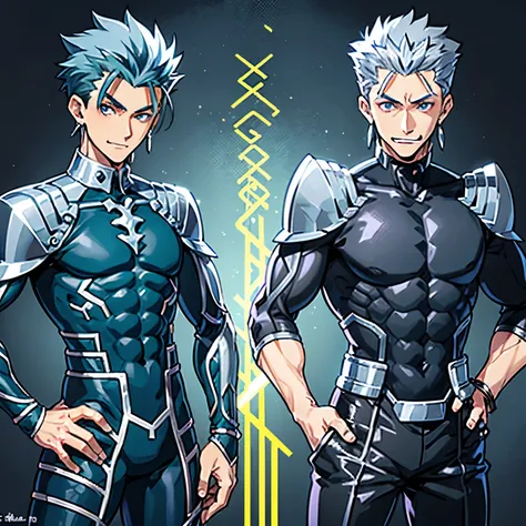 1 man, extra short hair, slicked back hair, spiky hair, silver hair, blue green eyes, flat anime art, thick eyebrows, male, front view, full body, black high neck sleeveless undershirt, double teeth, open mouth, front face, bold line anime art