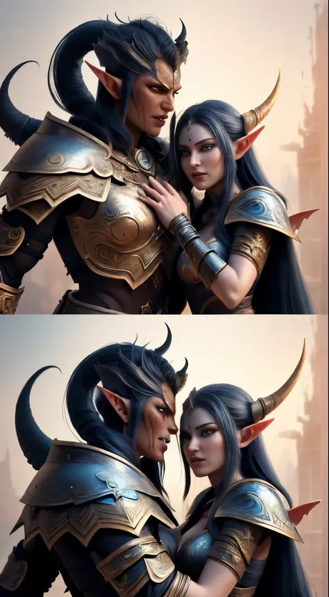 a beautiful female elf warrior and a beautiful female orc warrior, face to face, they are caressing each other, 8k, ultra realistic, extremely detailed